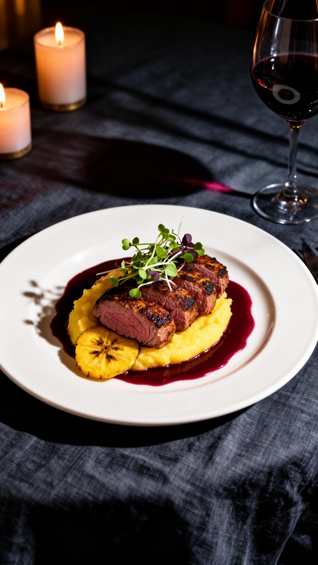 Signature plated dish — grilled lamb with plantain purée and burgundy wine reduction